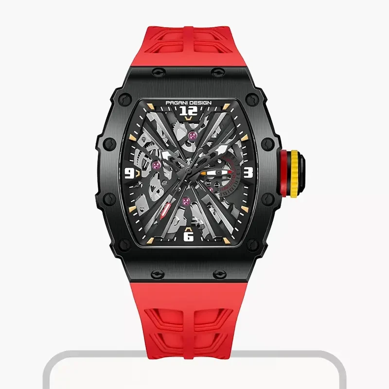 Pagani Design Black Skeleton Dial Red Strap Men's Watch- PD-1738